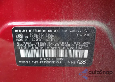 2015 Mitsubishi Mirage De из США, поврежденный, VIN ML32A3HJ1FH049161